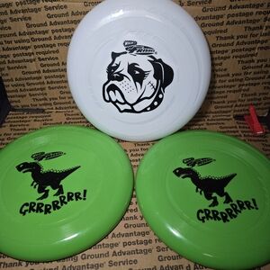 Lot of 3 Wham-O Frisbees/Flying Discs-Dinosaurs/Bulldog-White/Green-Sports, Toy